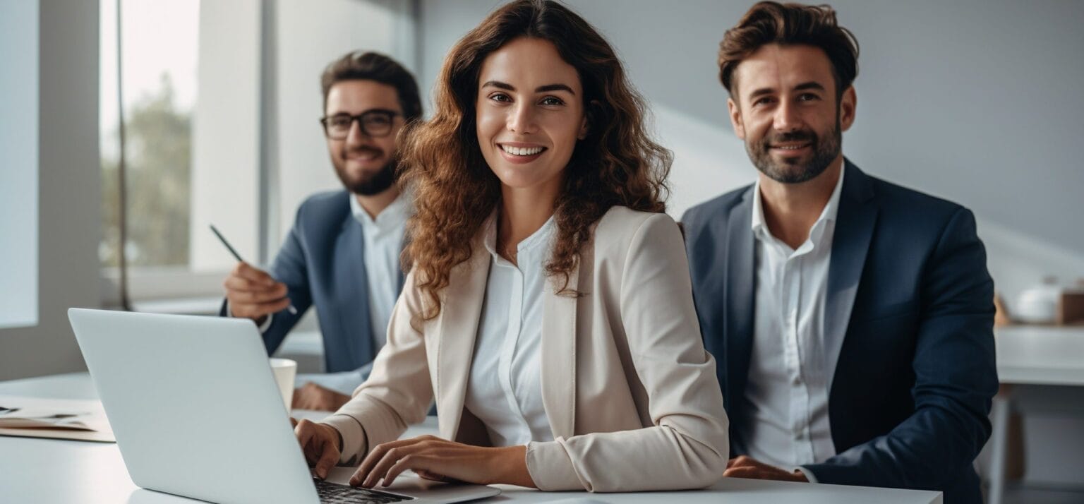 Three business professionals looking content and smiling while sitting in a meeting